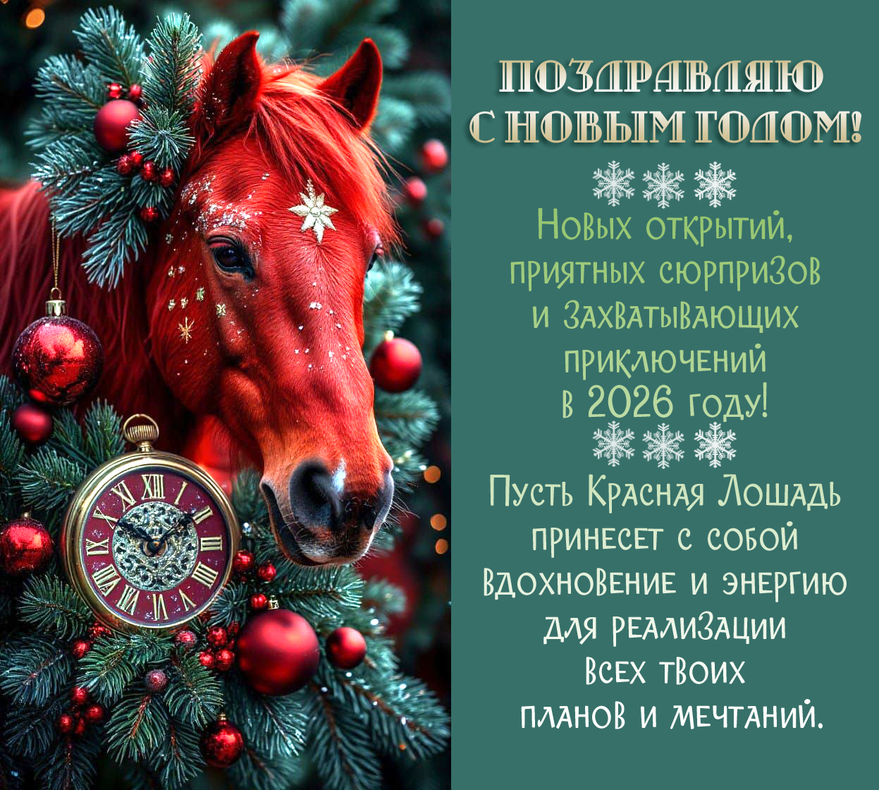 Новых открытий, приятных сюрпризов и захватывающих приключений в 2026 году! Пусть Красная Лошадь принесет с собой вдохновение и энергию для реализации всех ваших планов и мечтаний.