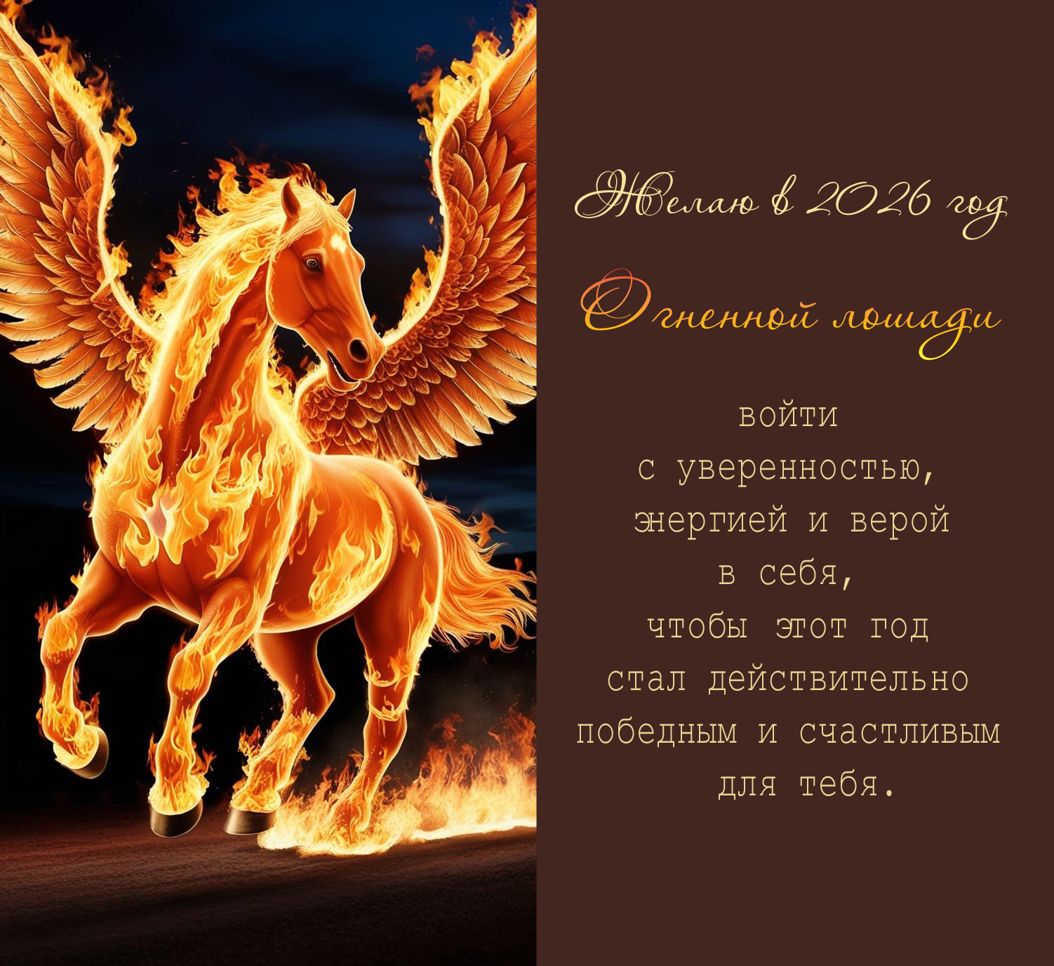 Желаю в 2026 год красной лошади войти с уверенностью, энергией и верой в себя, чтобы этот год стал действительно победным и счастливым для тебя.    